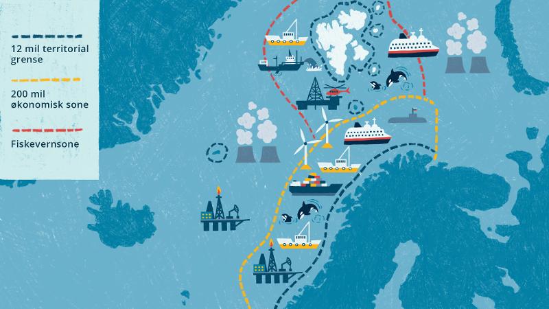 Illustrasjon: kart. Havretten regulerer bl.a. hvilke land som har lov til å drive med næringer som f.eks. olje- og gass, fiskeri og fornybar energi i havet. Norskekysten med fiskebåter og oljeplattformer.